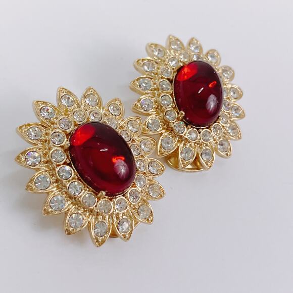 Vintage Arnold Scaasi Moghul Jewels Clip-On Earrings Signed Floral Red Cabochon - Picture 7 of 11